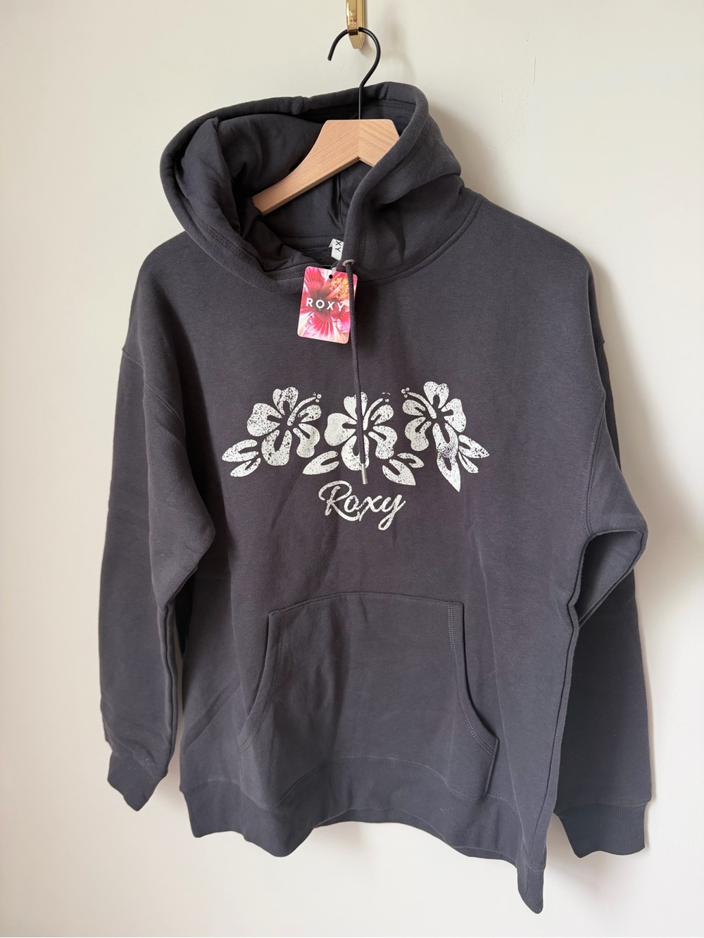 Roxy Charcoal grey white hibiscus print hoodie